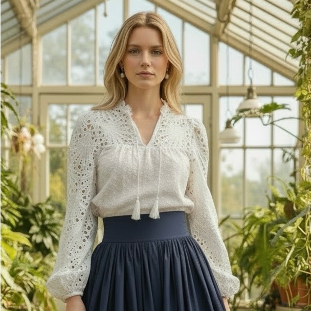 Aqua White Eyelet Lace Blouse Puff Sleeves NWT Romantic Cottagecore Top Sz S